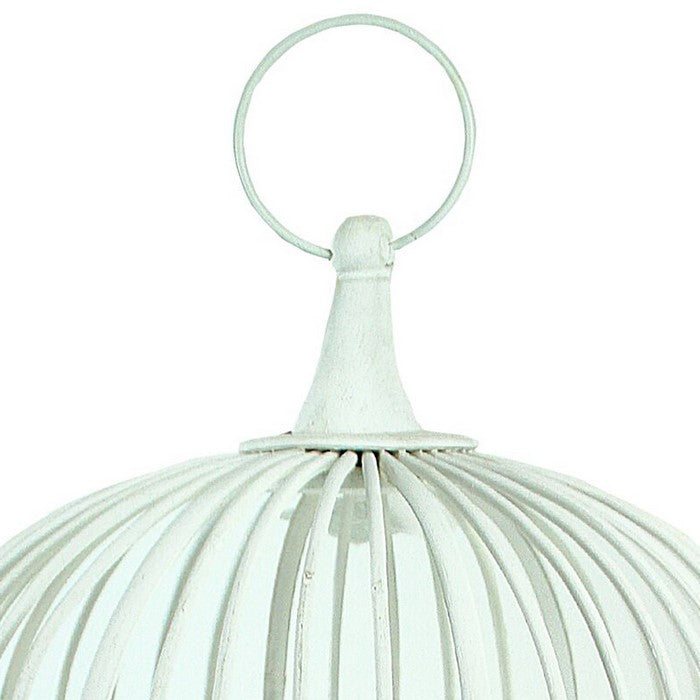 Wood and Metal Cage Style Lantern with Glass Hurricane, White