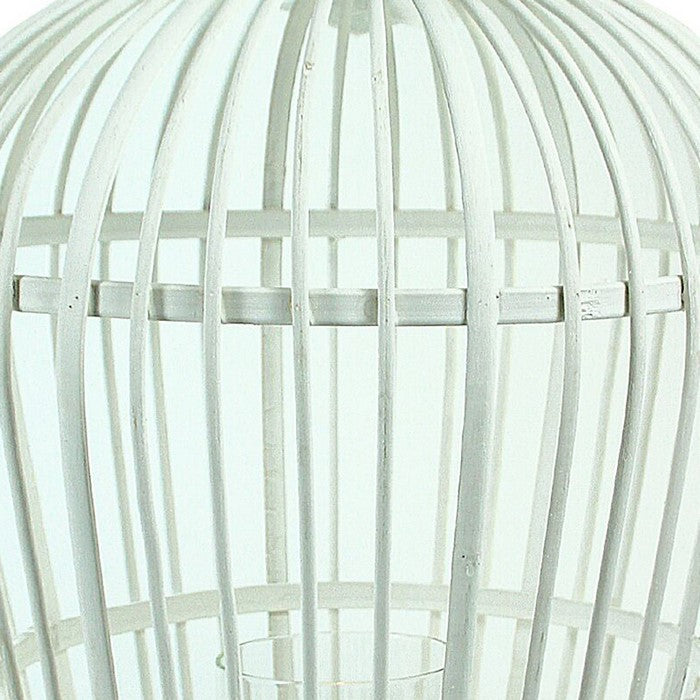 Wood and Metal Cage Style Lantern with Glass Hurricane, White