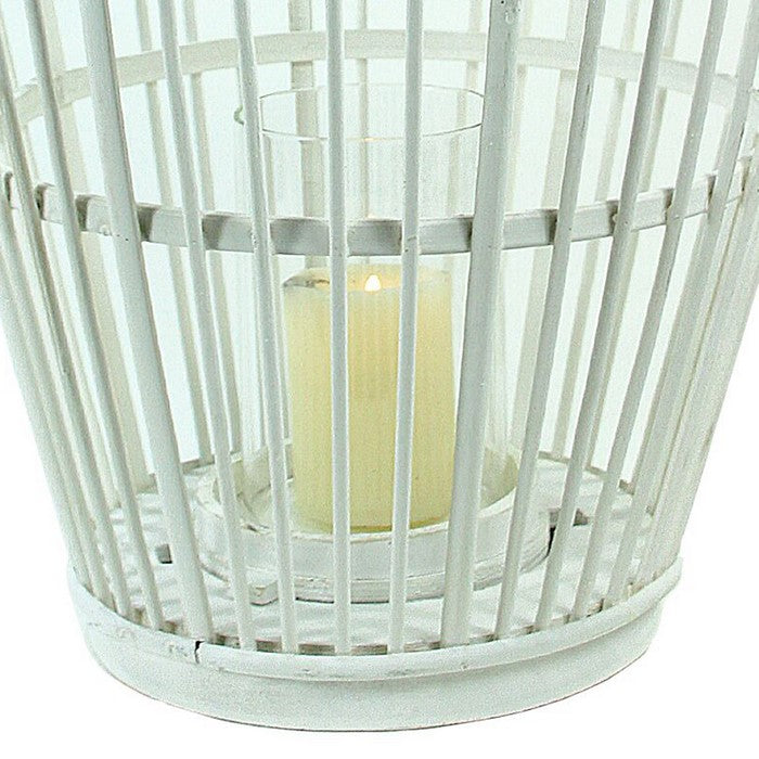 Wood and Metal Cage Style Lantern with Glass Hurricane, White