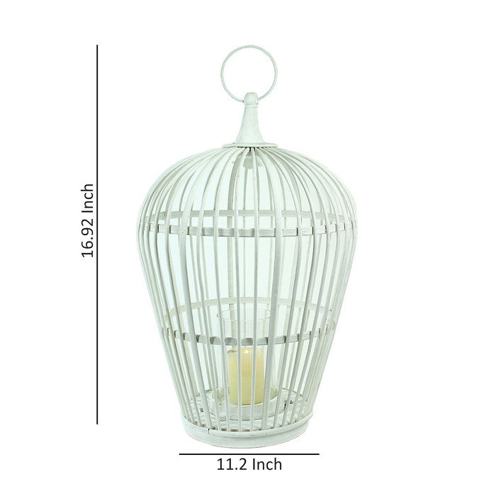 Wood and Metal Cage Style Lantern with Glass Hurricane, White