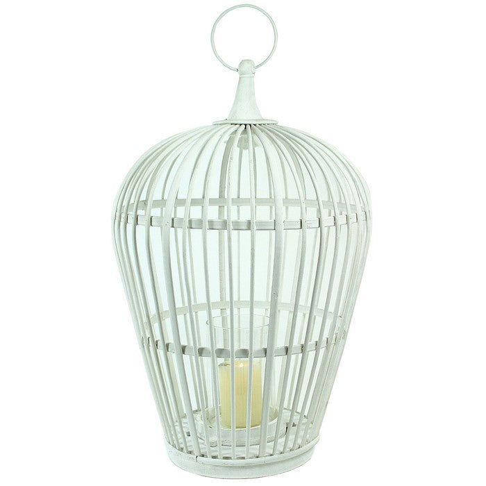 Wood and Metal Cage Style Lantern with Glass Hurricane, White