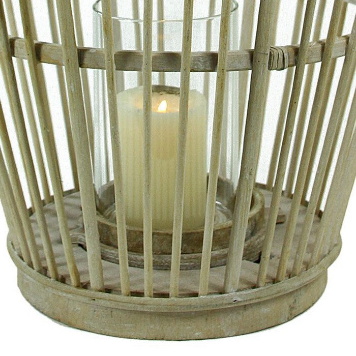 Wood and Metal Cage Style Lantern with Glass Hurricane, Brown