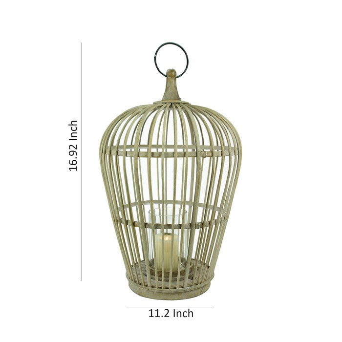 Wood and Metal Cage Style Lantern with Glass Hurricane, Brown