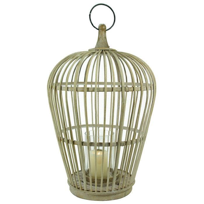Wood and Metal Cage Style Lantern with Glass Hurricane, Brown