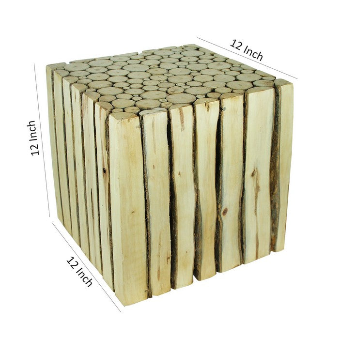 Square Shape Wooden Accent Stool with Stump Design, Brown, Small