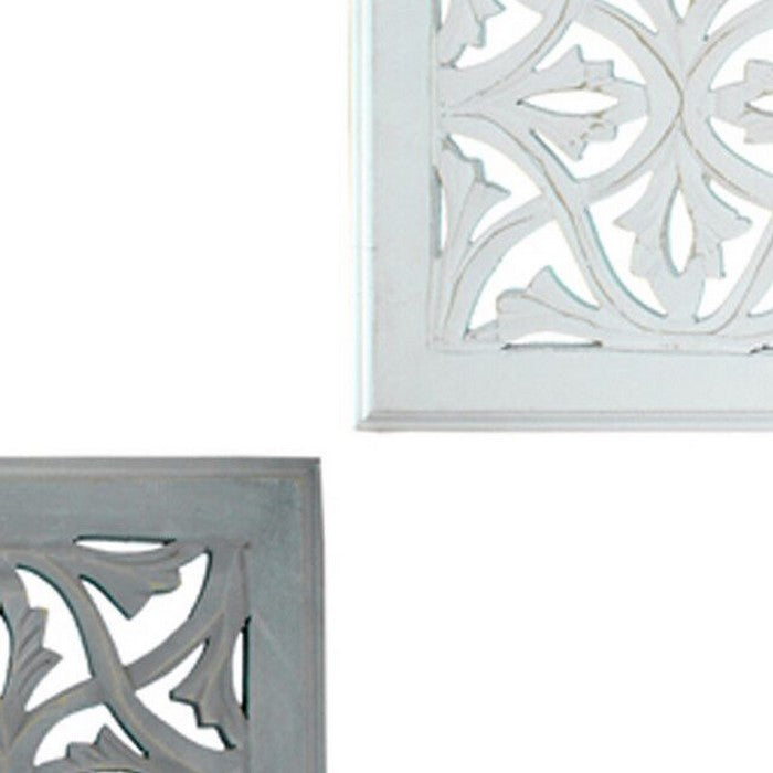 Wooden Decorative Wall Panels with Intricate Design, White and Gray, Set of 2