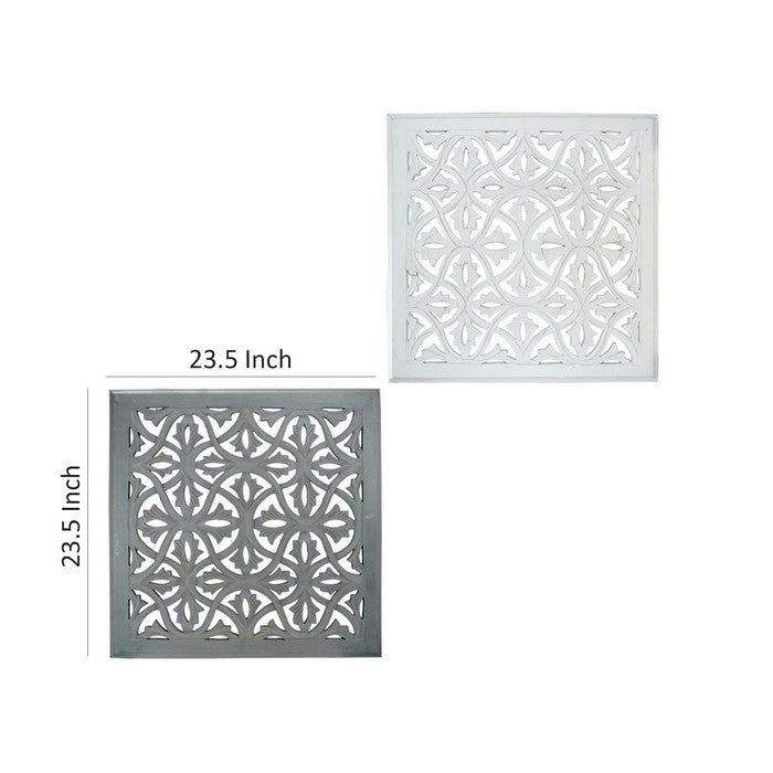 Wooden Decorative Wall Panels with Intricate Design, White and Gray, Set of 2