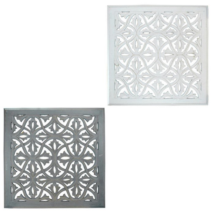 Wooden Decorative Wall Panels with Intricate Design, White and Gray, Set of 2
