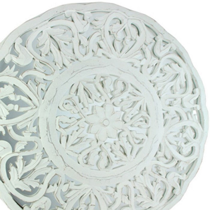 Round Mirrored Wall Panels with Floral Design, White and Gray, Set of 2