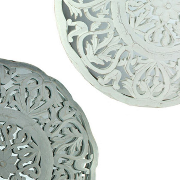 Round Mirrored Wall Panels with Floral Design, White and Gray, Set of 2