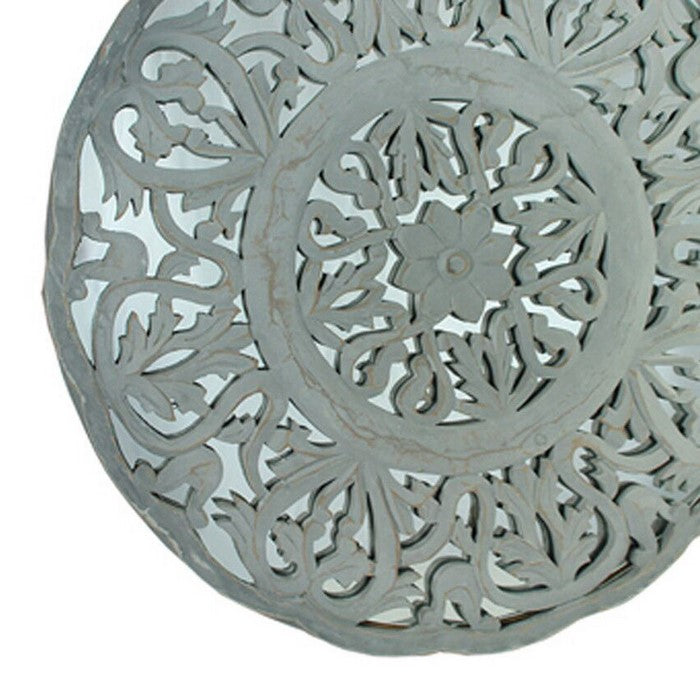 Round Mirrored Wall Panels with Floral Design, White and Gray, Set of 2