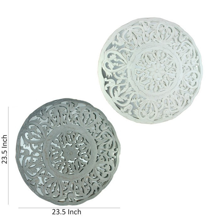 Round Mirrored Wall Panels with Floral Design, White and Gray, Set of 2