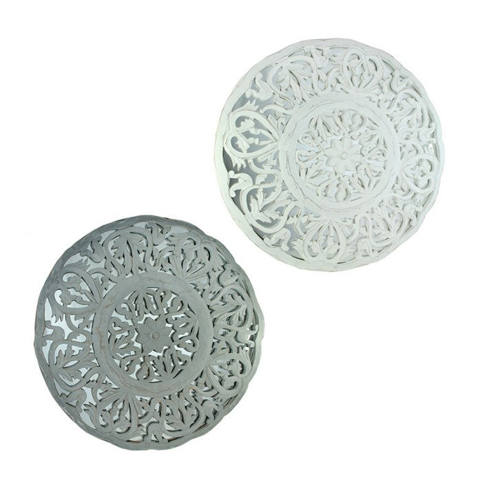 Round Mirrored Wall Panels with Floral Design, White and Gray, Set of 2