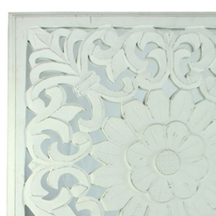 Decorative Mirror Wall Panels with Floral Design, White and Gray, Set of 2