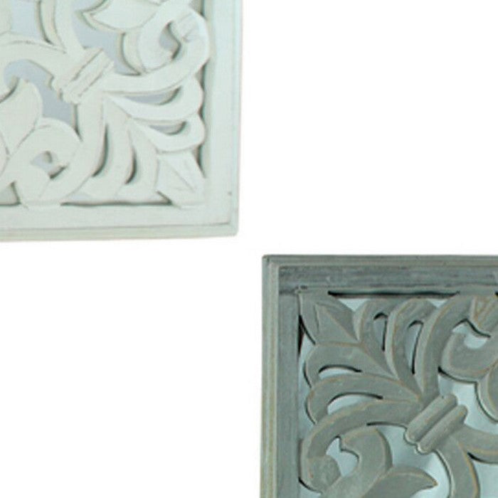 Decorative Mirror Wall Panels with Floral Design, White and Gray, Set of 2