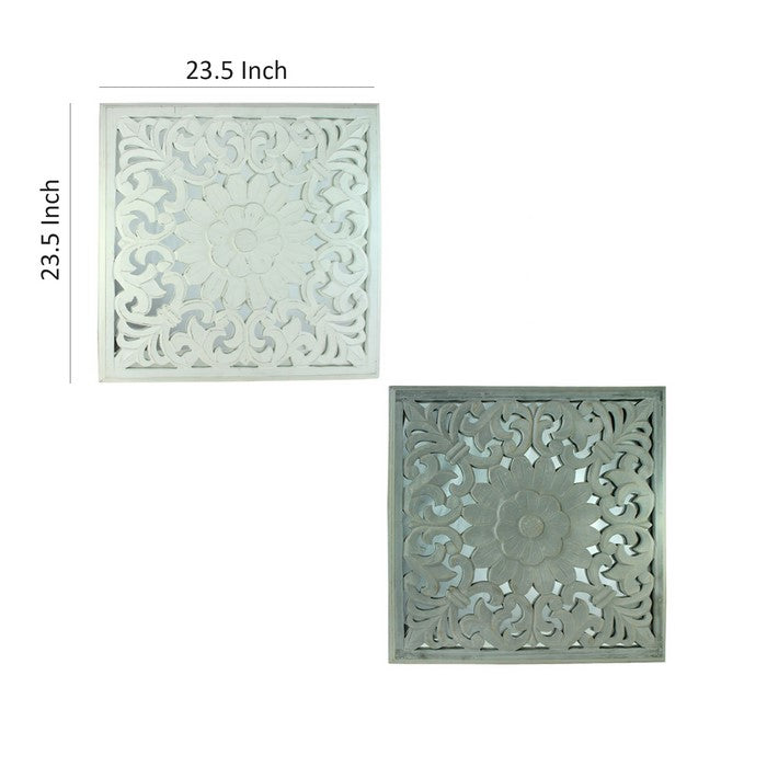 Decorative Mirror Wall Panels with Floral Design, White and Gray, Set of 2
