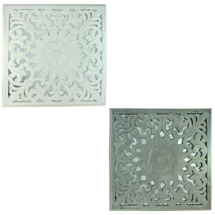 Decorative Mirror Wall Panels with Floral Design, White and Gray, Set of 2