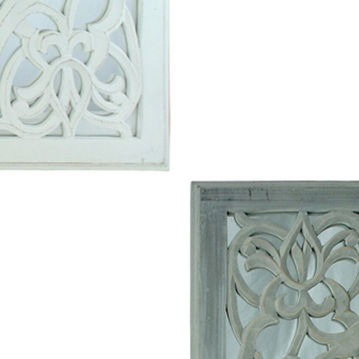 Square Mirror Wall Panels with Intricate Cutouts, White and Gray, Set of 2