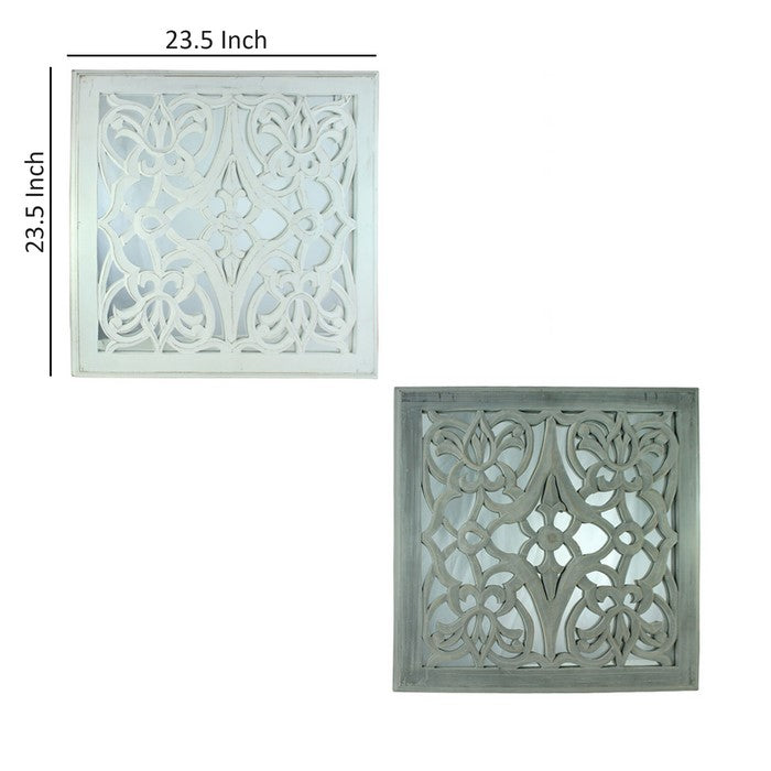 Square Mirror Wall Panels with Intricate Cutouts, White and Gray, Set of 2