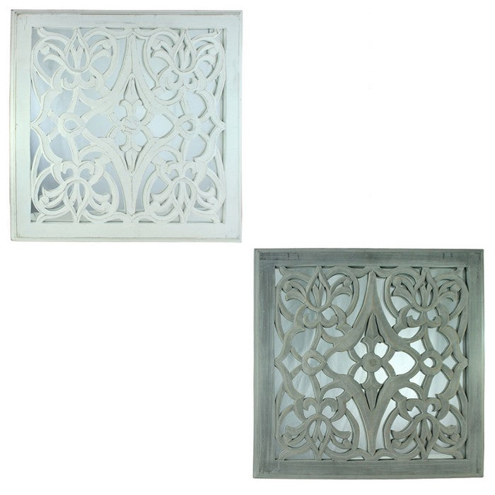 Square Mirror Wall Panels with Intricate Cutouts, White and Gray, Set of 2