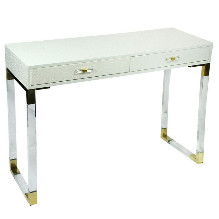 2 Drawer Wooden Console Table with Acrylic Legs, White and Gold