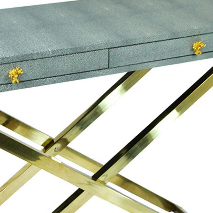 Wood and Metal Folding Console Table with 2 Drawers, Gray and Gold