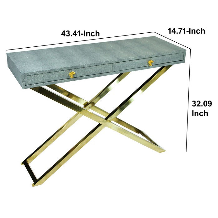 Wood and Metal Folding Console Table with 2 Drawers, Gray and Gold