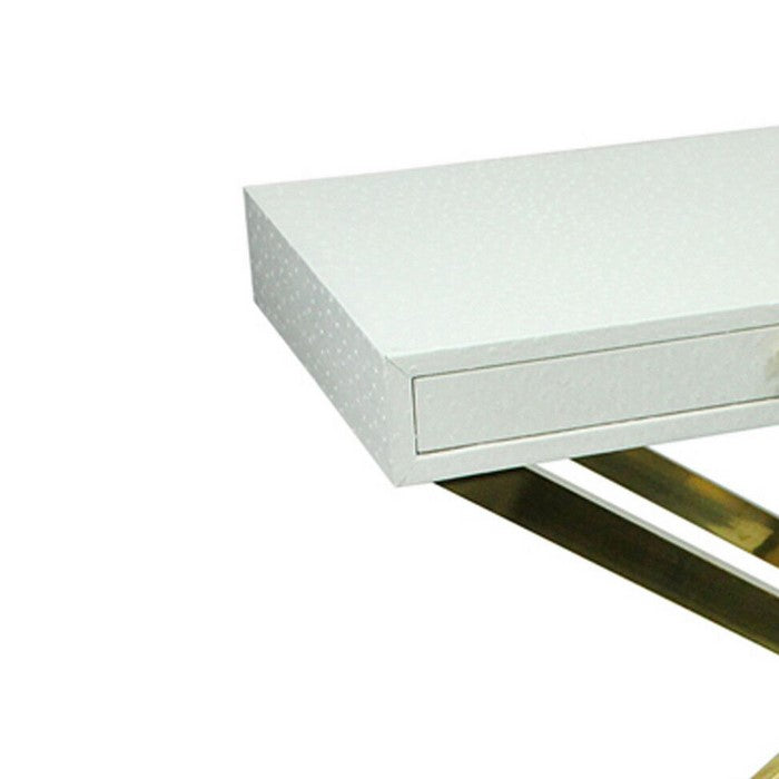 Wood and Metal Folding Console Table with 2 Drawers, White and Gold