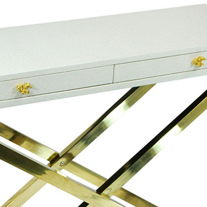 Wood and Metal Folding Console Table with 2 Drawers, White and Gold
