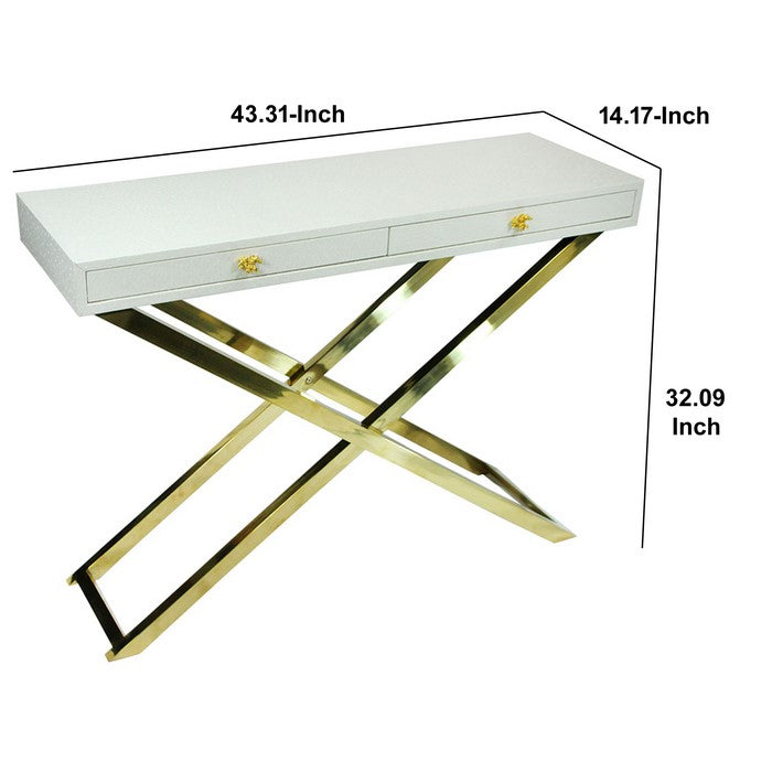 Wood and Metal Folding Console Table with 2 Drawers, White and Gold