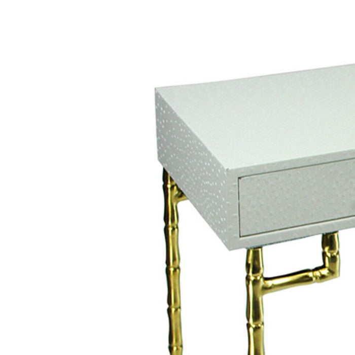 Wood and Metal Console Table with Bamboo Style Legs, White and Gold