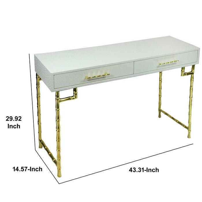Wood and Metal Console Table with Bamboo Style Legs, White and Gold