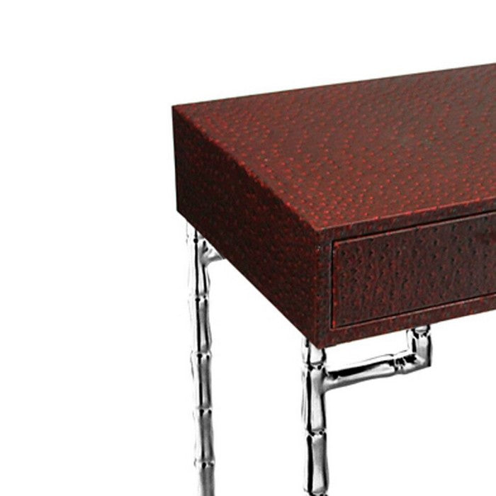 Wood and Metal Console Table with Bamboo Style Legs, Red and Silver