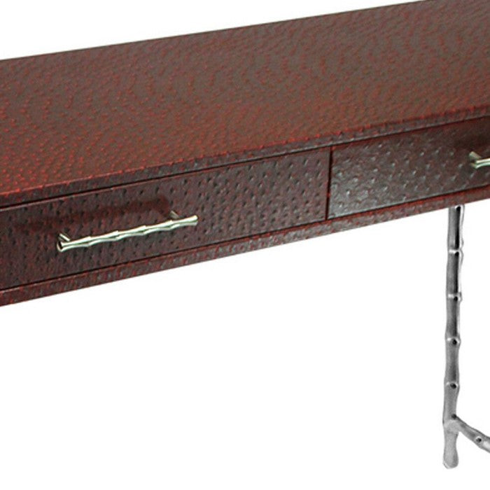 Wood and Metal Console Table with Bamboo Style Legs, Red and Silver