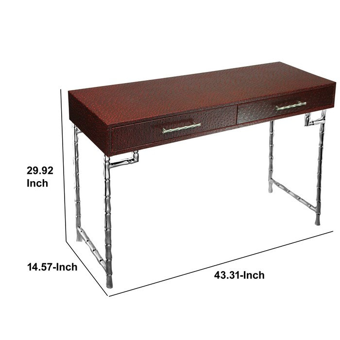 Wood and Metal Console Table with Bamboo Style Legs, Red and Silver