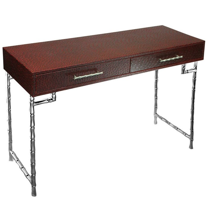 Wood and Metal Console Table with Bamboo Style Legs, Red and Silver