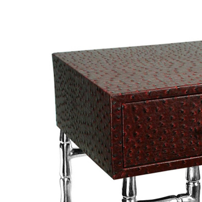 Wood and Metal Side Table with Bamboo Style Legs, Red and Silver