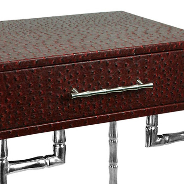 Wood and Metal Side Table with Bamboo Style Legs, Red and Silver