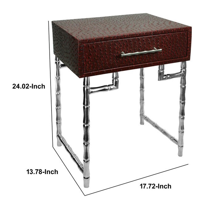 Wood and Metal Side Table with Bamboo Style Legs, Red and Silver