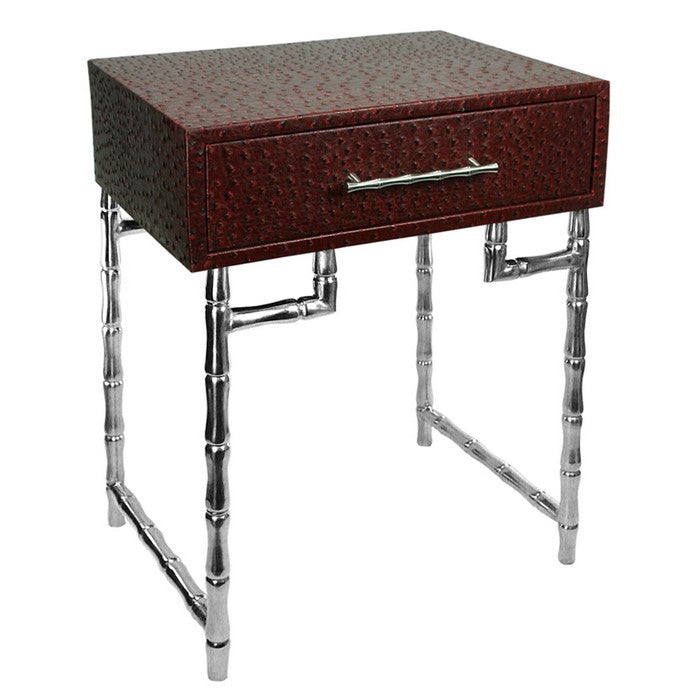 Wood and Metal Side Table with Bamboo Style Legs, Red and Silver