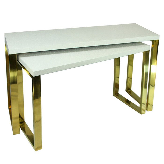 Rectangular Wood and Metal Console Tables, White and Gold, Set of 2.