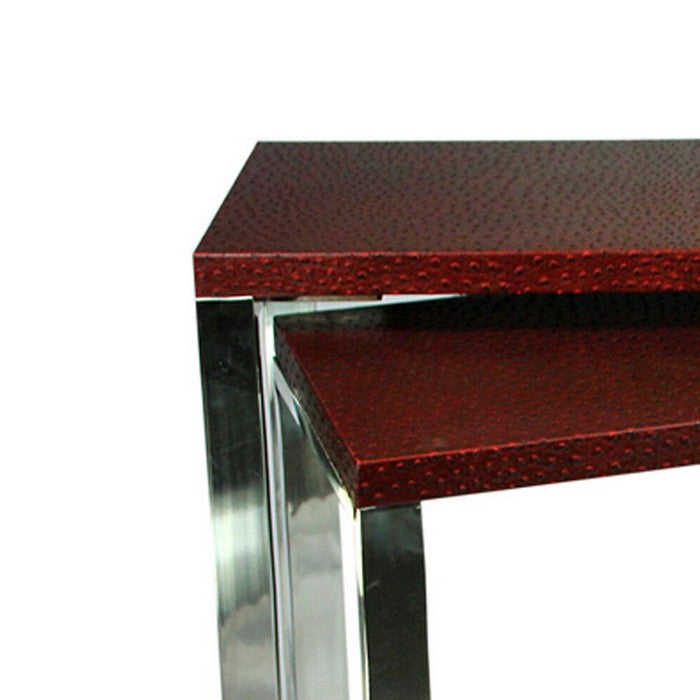 Rectangular Wood and Metal Console Tables, Red and Silver, Set of 2.
