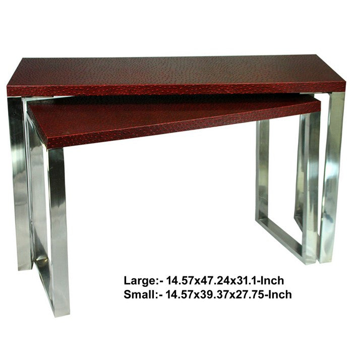 Rectangular Wood and Metal Console Tables, Red and Silver, Set of 2.