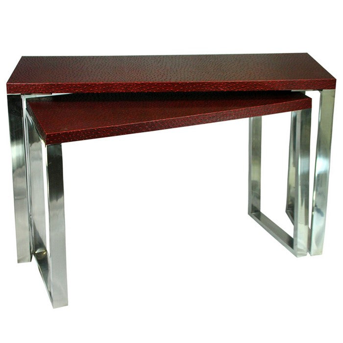 Rectangular Wood and Metal Console Tables, Red and Silver, Set of 2.