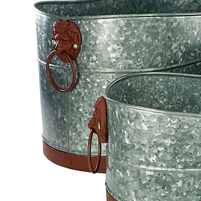 Metal Tubs with Lion Head Ring Handles, Gray and Brown, Set of 3