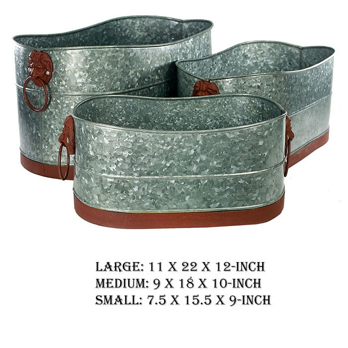 Metal Tubs with Lion Head Ring Handles, Gray and Brown, Set of 3