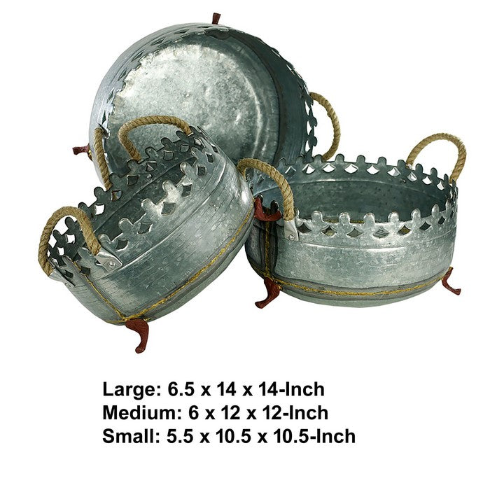 Metal Crown Style Planters with Golden Accenting, Gray, Set of 3