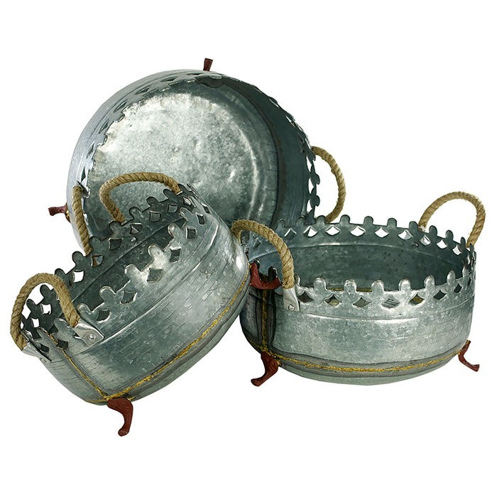 Metal Crown Style Planters with Golden Accenting, Gray, Set of 3