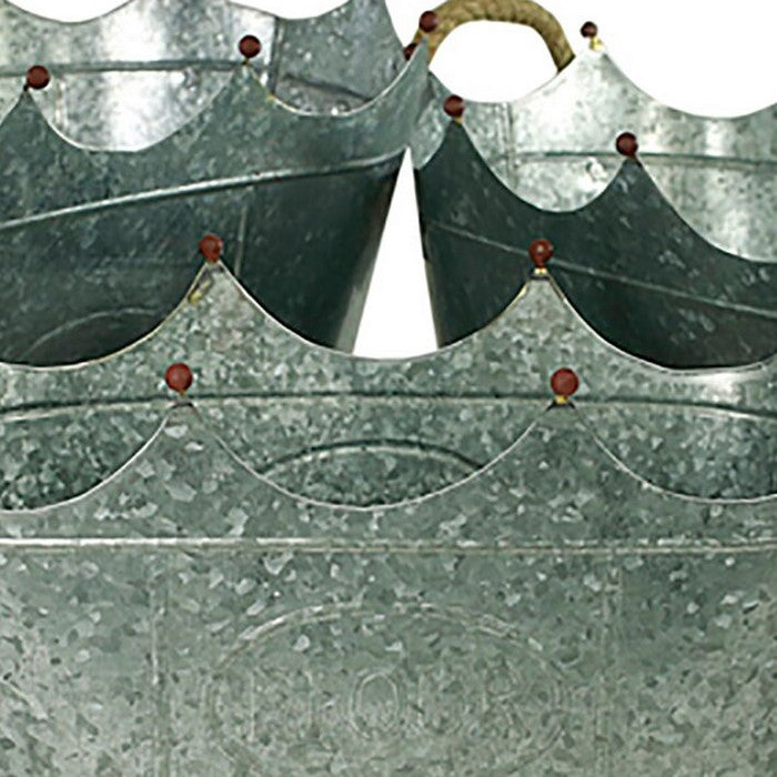 Crown Shape Metal Tubs with Rope Handles, Gray, Set of 3
