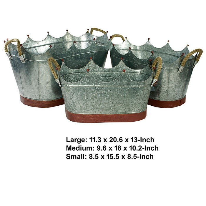 Crown Shape Metal Tubs with Rope Handles, Gray, Set of 3